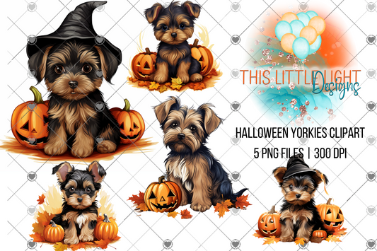 Adorable Halloween Yorkies Clipart | Set of 5 PNG Files | Subscribers Only