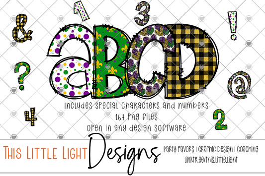 Mardi Gras Alphabet Letters with Numbers and Special Characters | 300 DPI | Set of 164 PNG Files